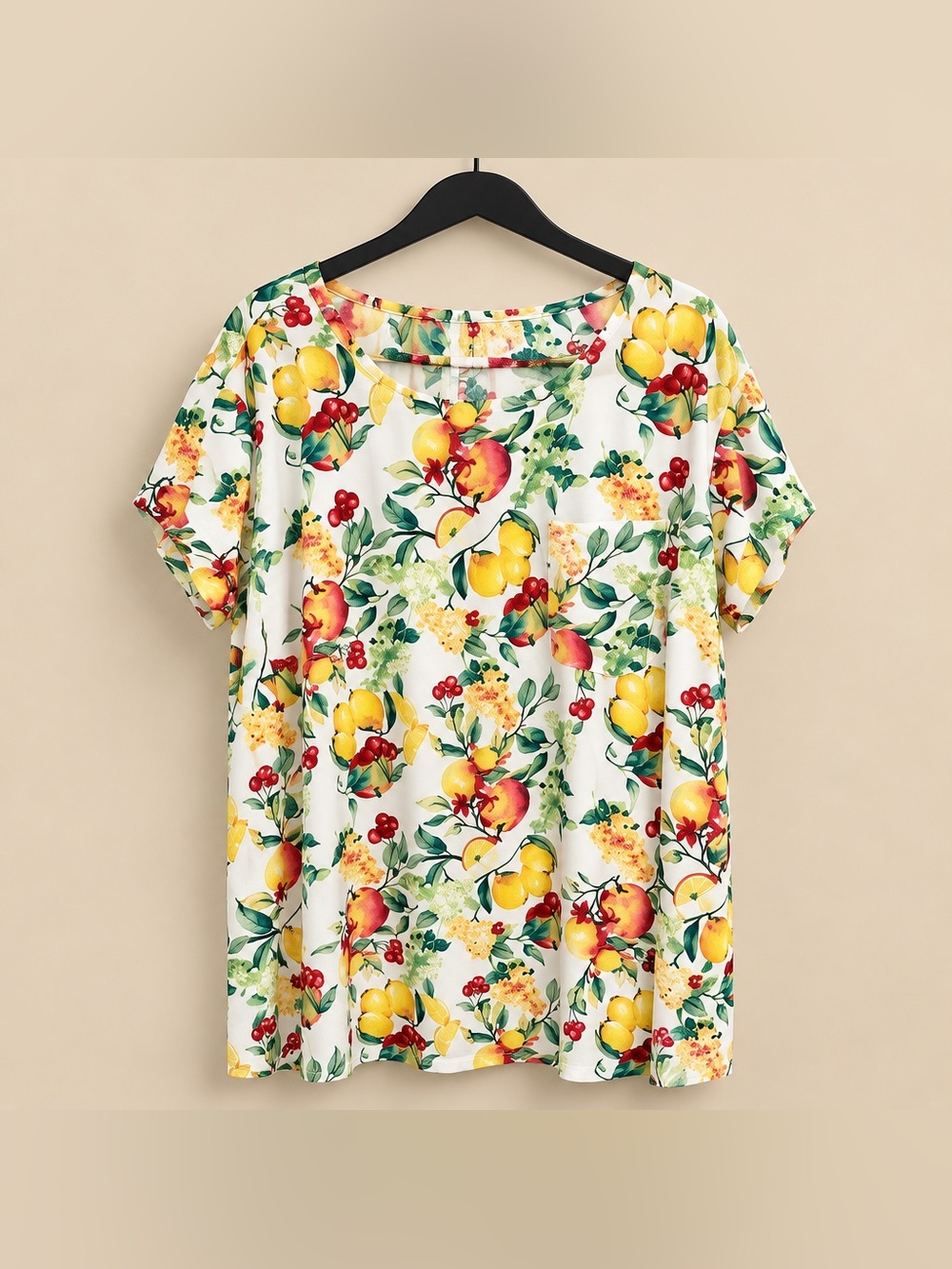 LC Lauren Conrad 4X chiffon blouse featuring a vibrant fruit and bloom pattern